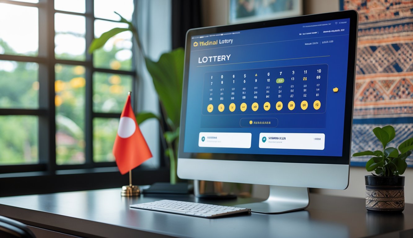 Sebuah ruang kerja modern dengan komputer menampilkan antarmuka lotere digital dan elemen budaya Indonesia di latar belakang.