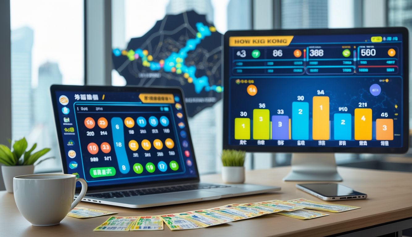 Suasana kantor modern dengan layar komputer menampilkan grafik dan peta digital Hong Kong, tiket lotre, dan ponsel di atas meja.
