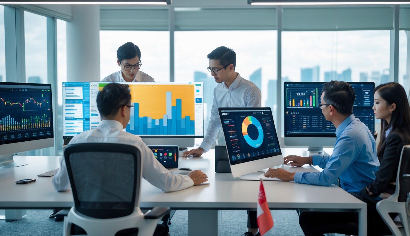 Sekelompok profesional sedang bekerja di kantor modern dengan layar komputer menampilkan grafik dan data angka.