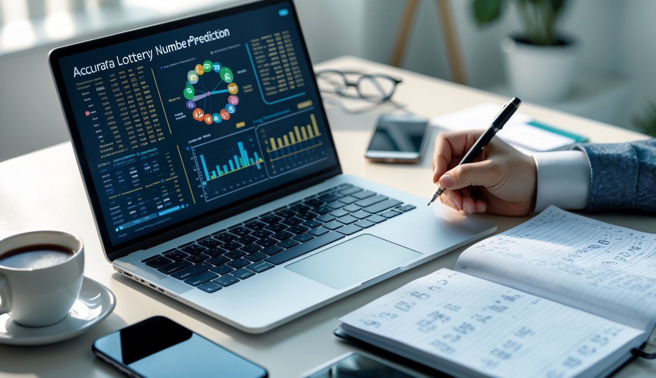 Seseorang sedang menganalisis data angka dengan laptop dan catatan di meja kerja yang rapi.