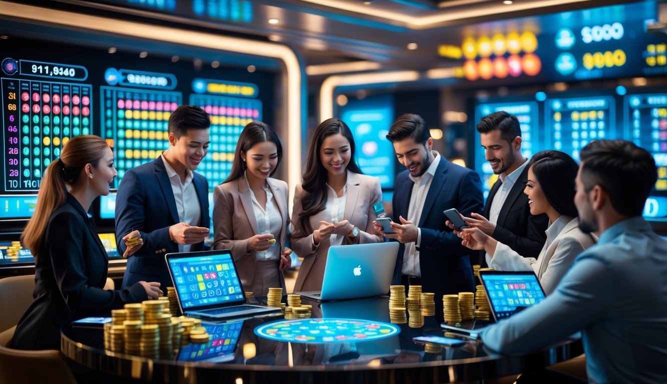 Beberapa orang sedang berkumpul di ruangan modern memeriksa hasil lotere dan berdiskusi dengan antusias.