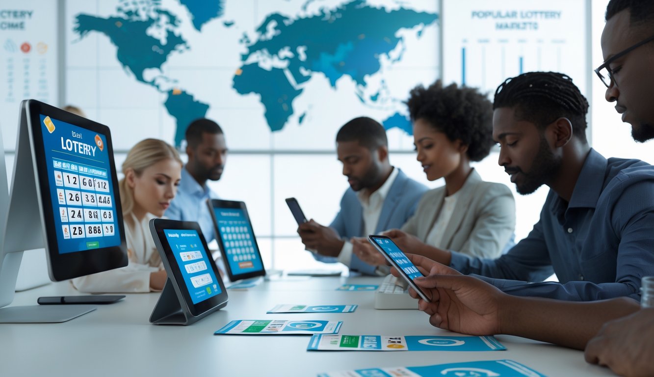 Orang-orang di kantor modern sedang memeriksa hasil togel menggunakan perangkat digital dengan tiket dan grafik di meja.