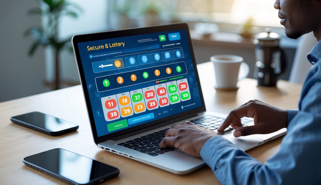 Seseorang menggunakan laptop di meja kerja modern dengan tampilan antarmuka lotere digital, menggambarkan konsep togel online yang aman dan cepat.