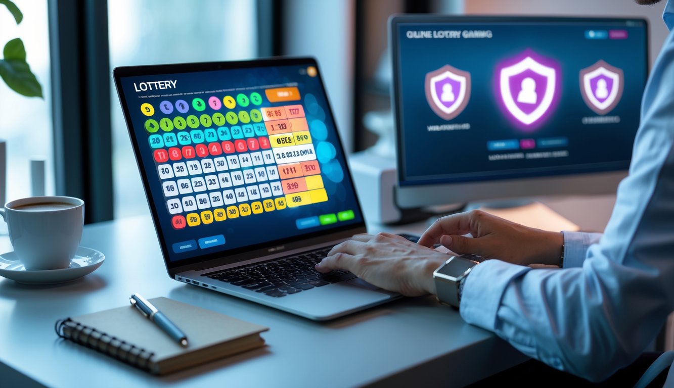 Seorang profesional menggunakan laptop di meja kerja yang rapi dengan tampilan angka togel dan grafik di layar.