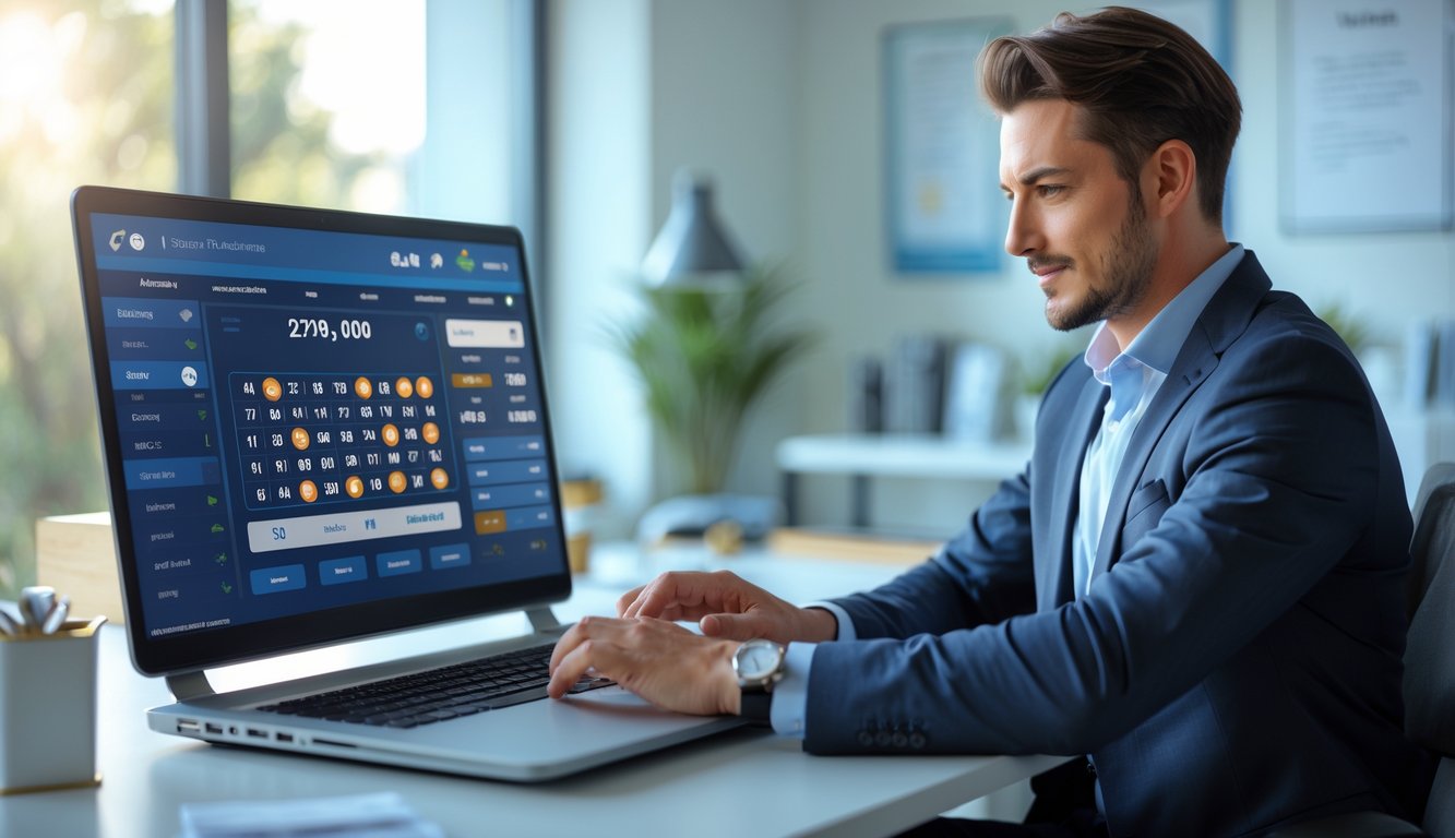 Seorang profesional sedang bekerja dengan laptop di meja kantor yang rapi, menampilkan antarmuka digital terkait aktivitas togel online.
