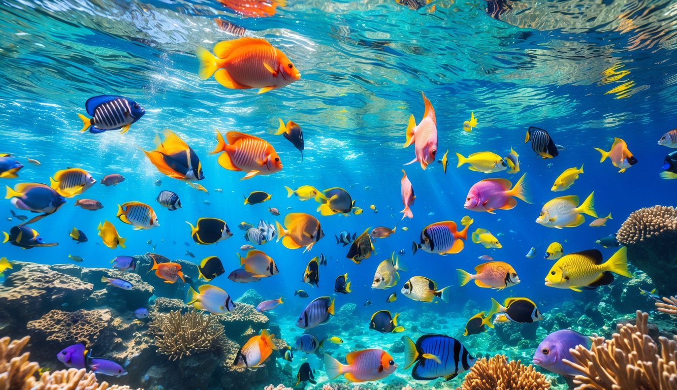Pemandangan bawah laut dengan berbagai ikan tropis berwarna-warni yang berenang aktif di air jernih.