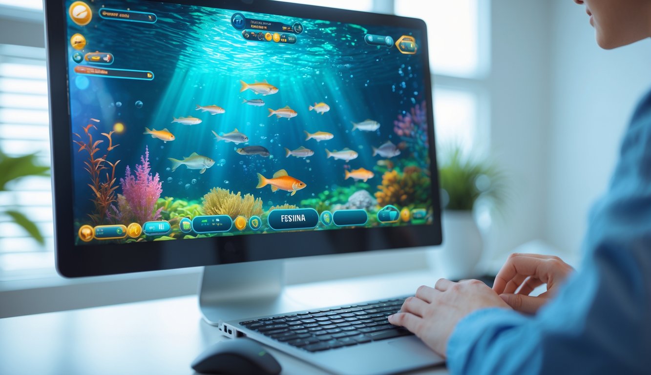 Seseorang menggunakan komputer dengan layar menampilkan permainan ikan yang berwarna-warni di lingkungan kerja yang rapi.