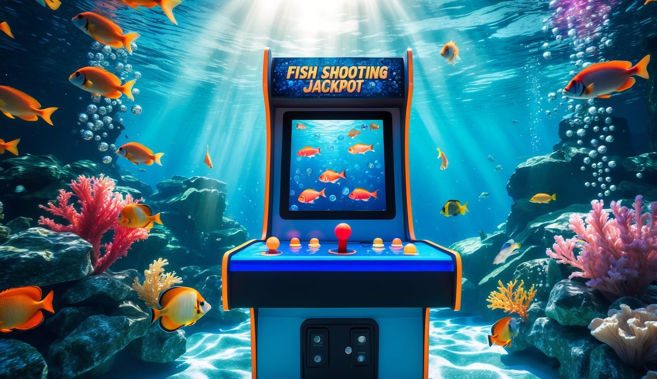 Suasana permainan tembak ikan dengan ikan warna-warni di layar mesin arcade di bawah laut.
