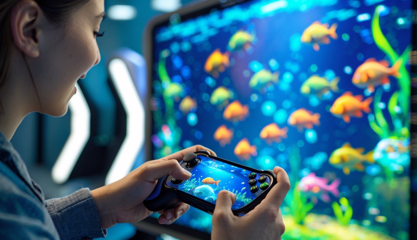 Seseorang sedang bermain permainan tembak ikan dengan layar penuh ikan berwarna-warni di latar belakang.