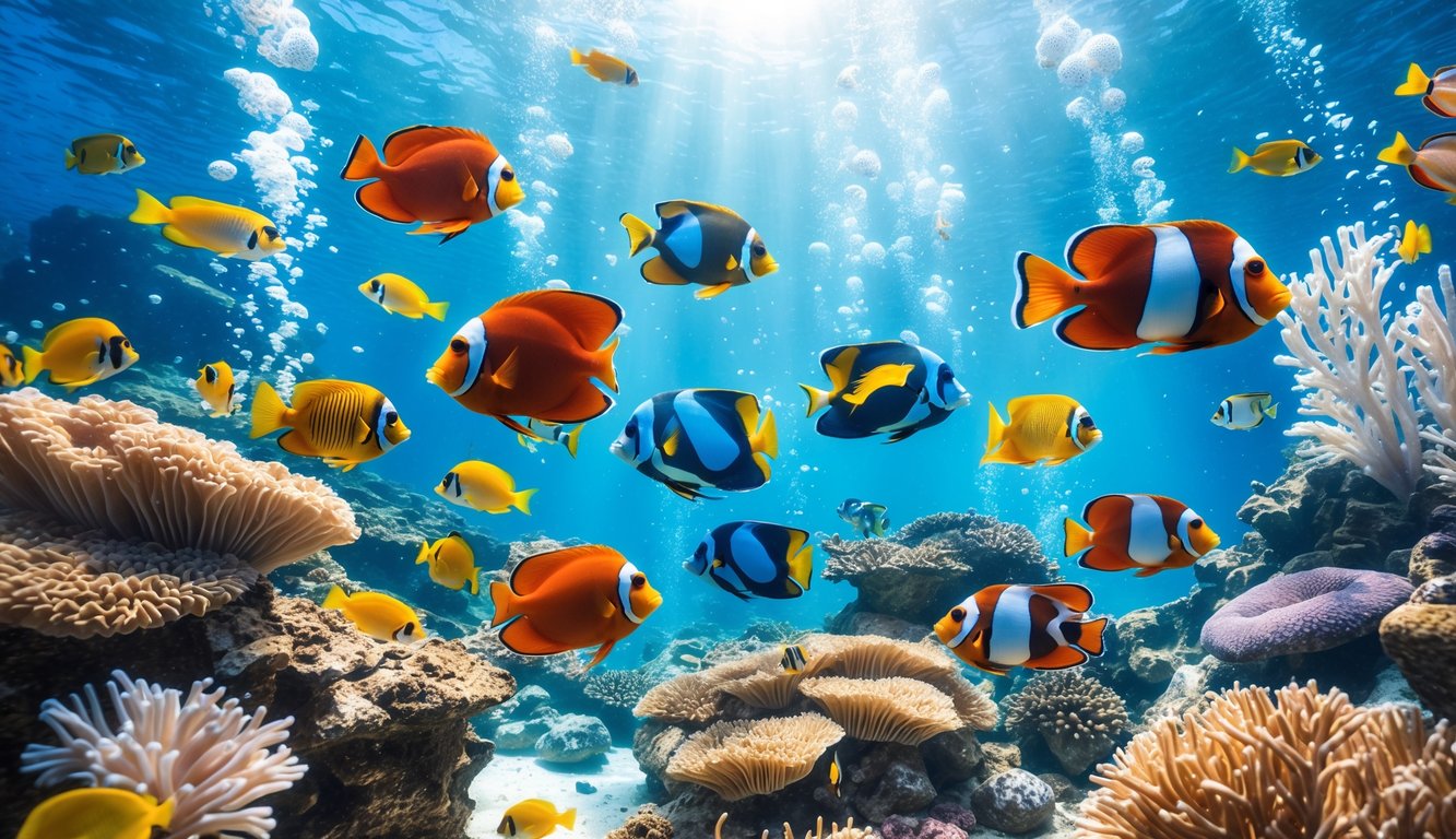 Pemandangan bawah laut dengan berbagai ikan tropis berwarna-warni yang berenang di sekitar terumbu karang.