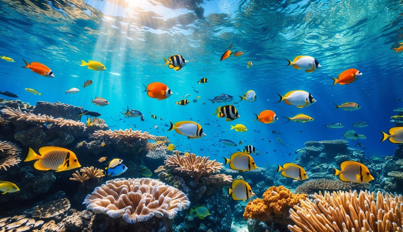 Pemandangan bawah laut dengan terumbu karang berwarna-warni dan berbagai ikan tropis yang berenang di air jernih.