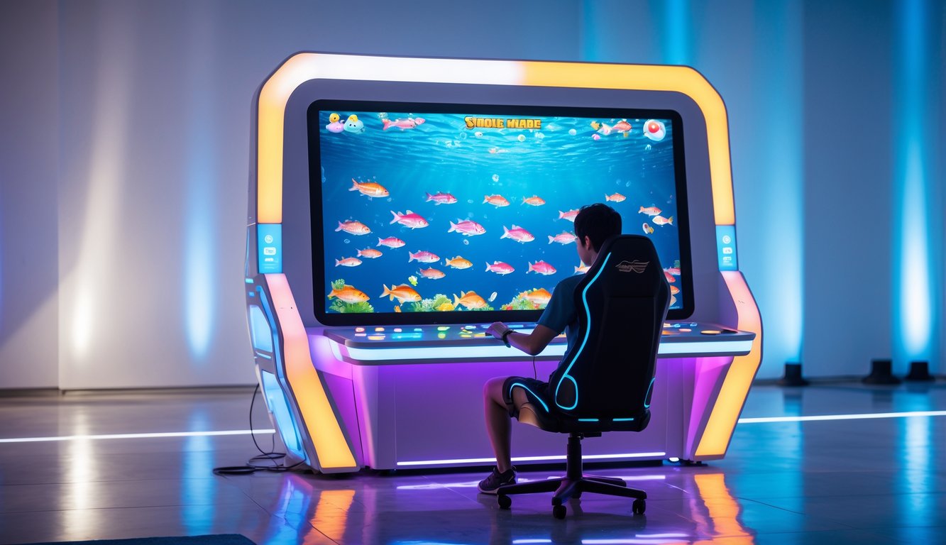 Mesin permainan tembak ikan online dengan layar sentuh dan lampu warna-warni, tangan pemain sedang mengoperasikan kontrol.