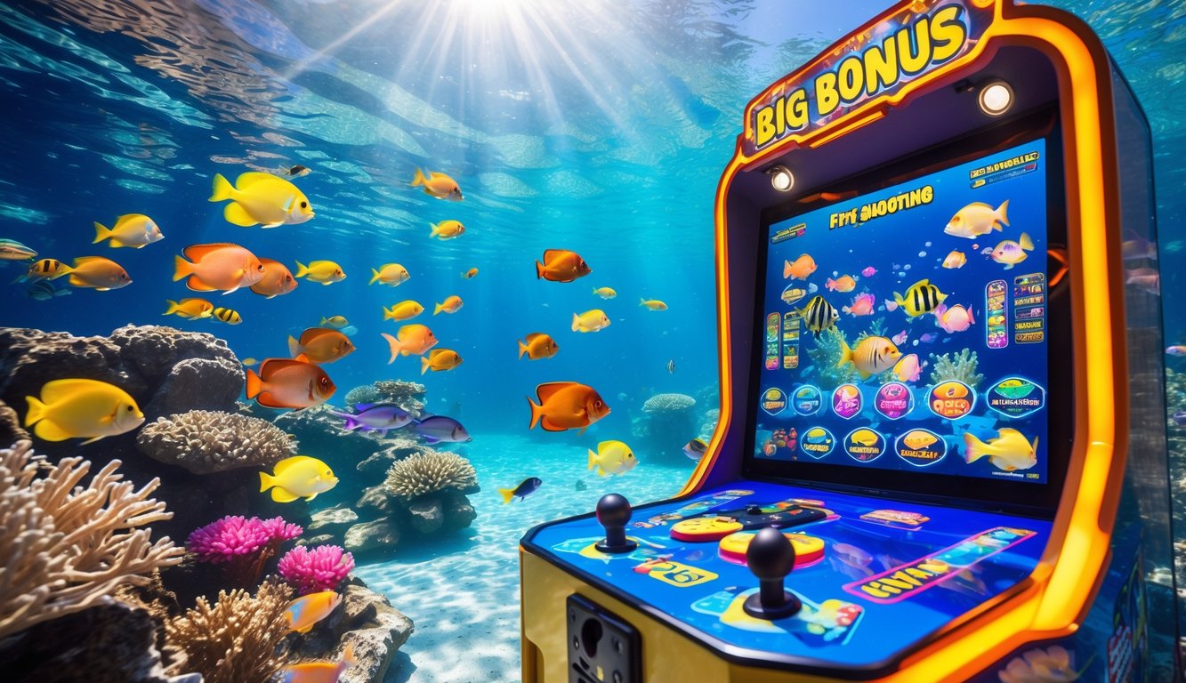 Pemandangan bawah laut dengan ikan tropis berwarna-warni berenang di sekitar terumbu karang dan mesin permainan tembak ikan modern di latar depan.