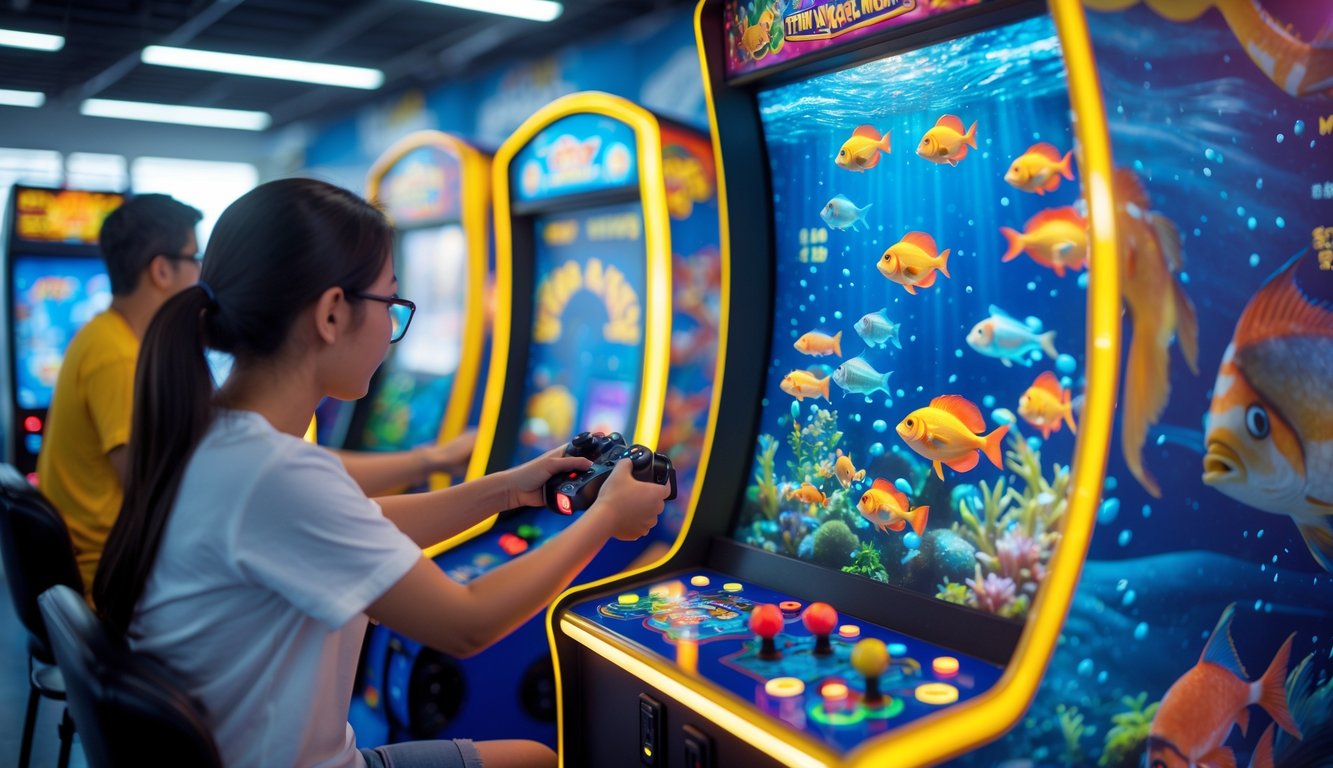 Mesin permainan arcade tembak ikan yang berwarna-warni dengan pemain sedang bermain dan menembak ikan di layar.