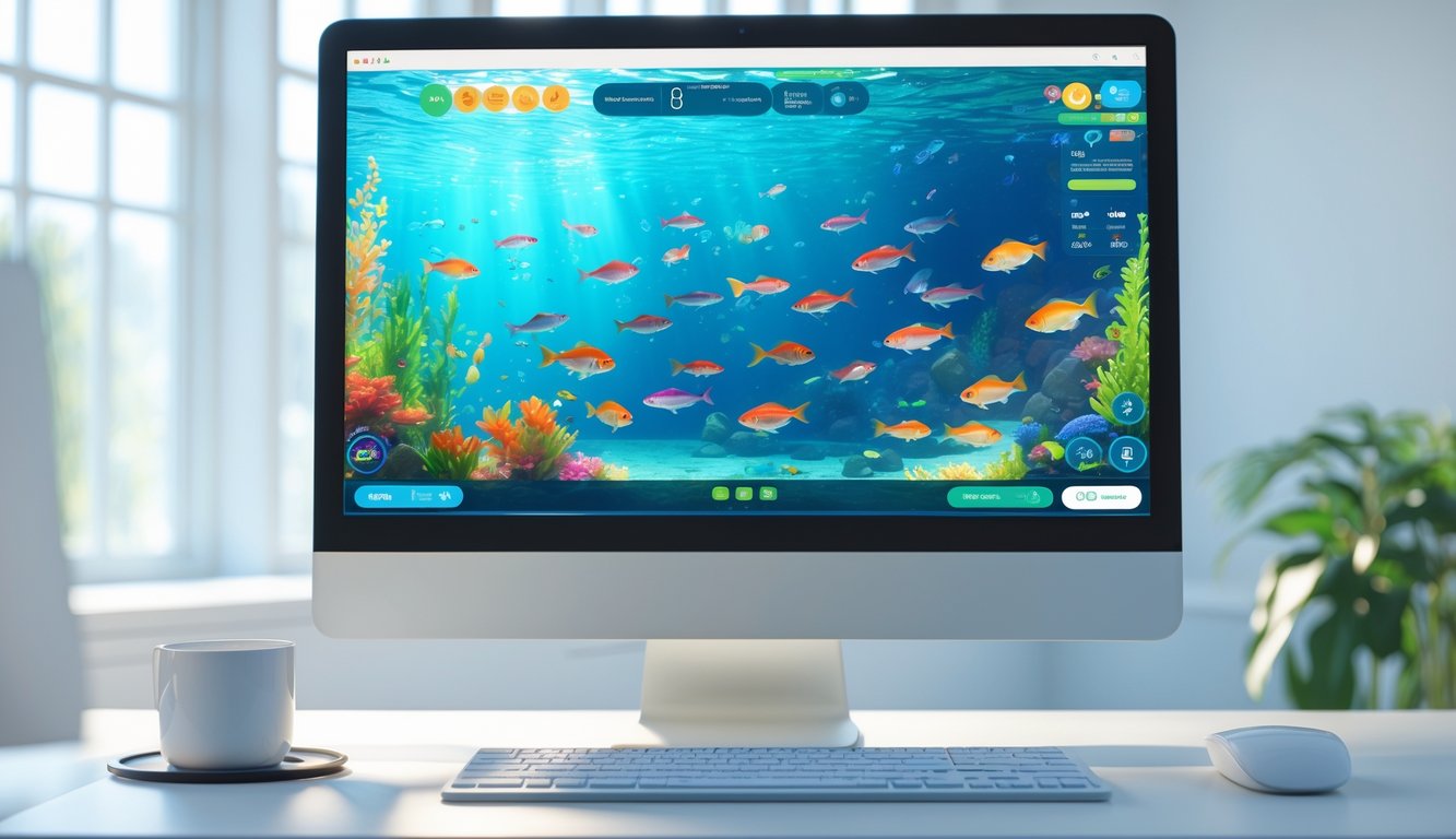 Layar komputer menampilkan permainan memancing ikan dengan latar bawah laut berwarna-warni di sebuah kantor modern yang terang.