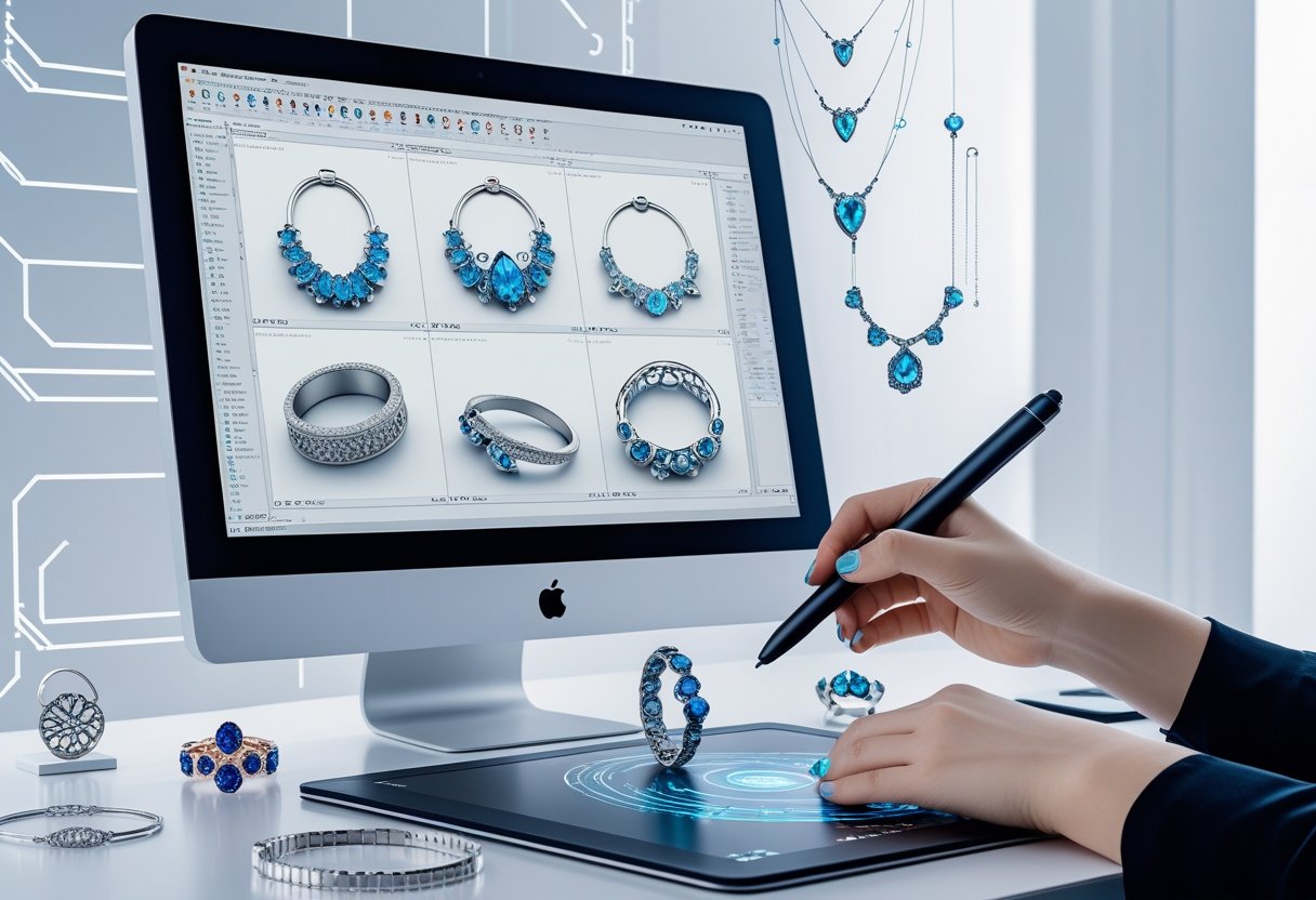 A workspace with a computer showing 3D jewelry designs, jewelry pieces on the desk, and a hand using a digital pen on a tablet.