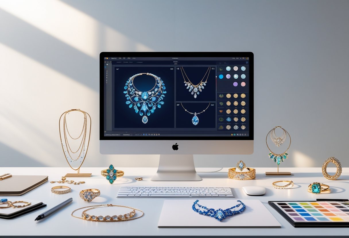 A workspace with a computer showing digital jewelry designs and various jewelry pieces arranged nearby.