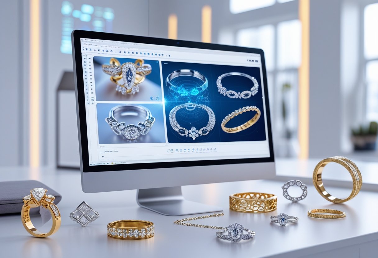 A modern workspace with a computer showing digital jewelry designs alongside elegant rings and necklaces on the desk.