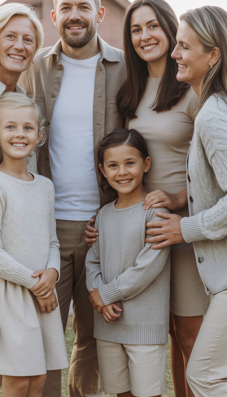 A group of family members standing together outdoors, wearing neutral-colored clothes, smiling naturally.
