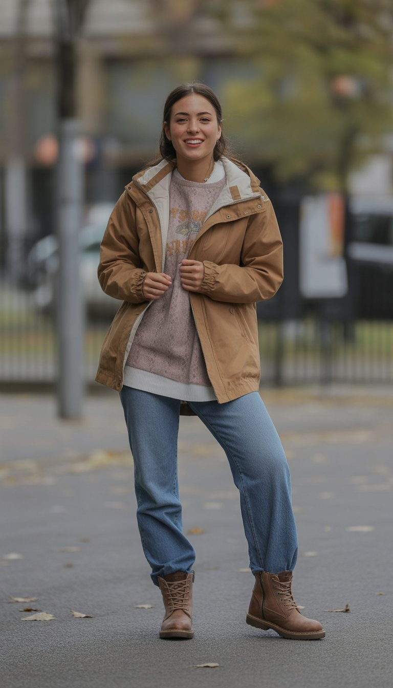 A young woman stands outdoors in fall clothing and brown boots, posing naturally in a casual urban setting.