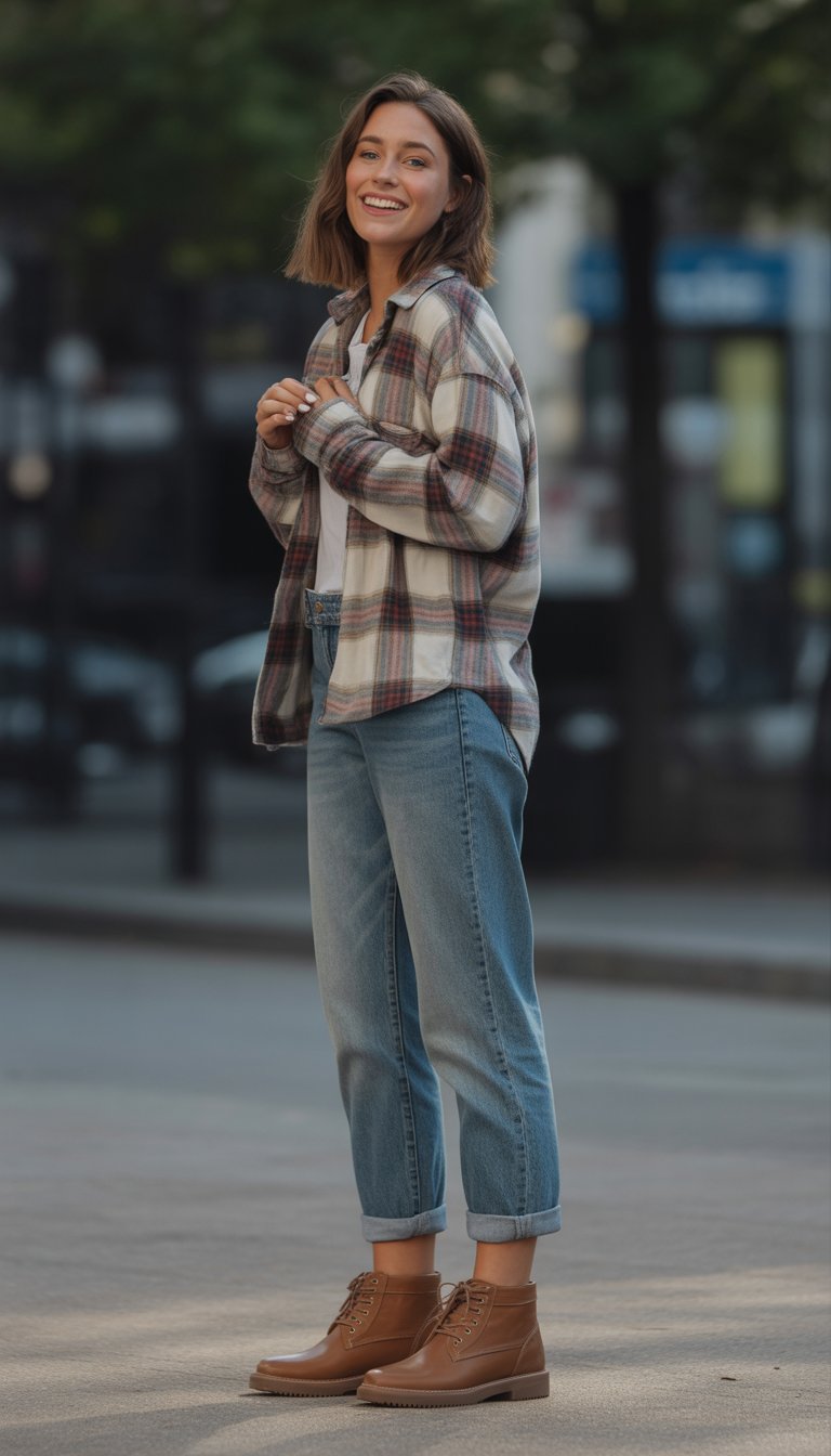 A young woman standing outdoors wearing brown boots, cuffed jeans, and a plaid shirt, looking relaxed and natural.