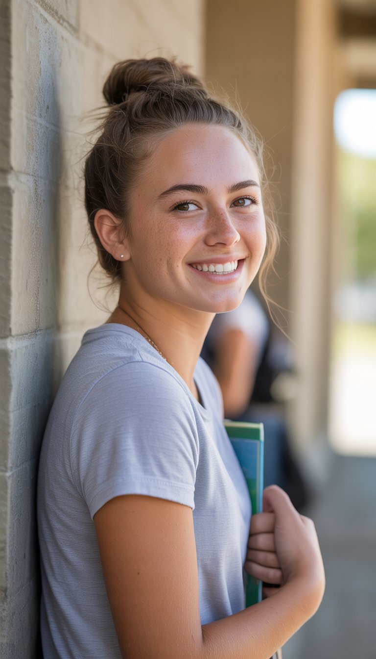 A young woman with a simple hairstyle wearing casual clothes, smiling naturally in a school setting.