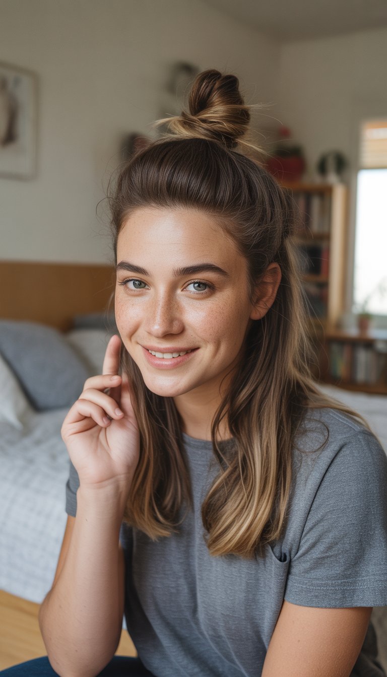 A young woman with a half-up top knot hairstyle sitting in a cozy room, smiling naturally in soft daylight.