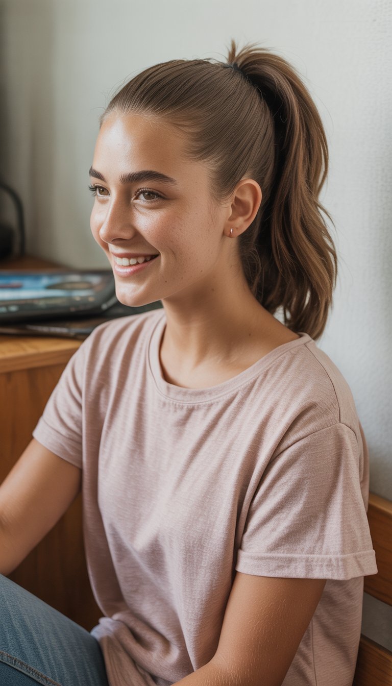 A young woman with a high ponytail smiling gently in a casual setting.