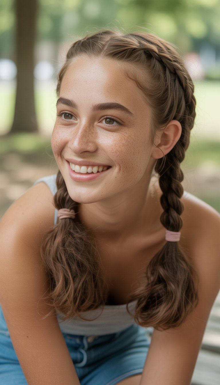 A young woman with braided pigtails smiling naturally in a casual indoor or outdoor setting.