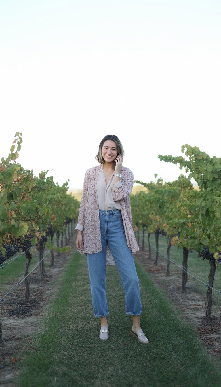 A young woman standing in a vineyard surrounded by grapevines, wearing a casual outfit and looking relaxed.