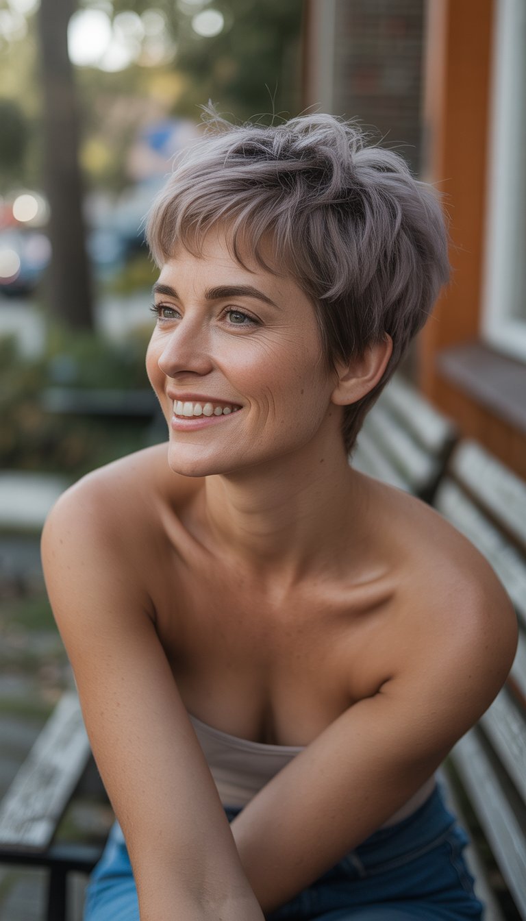 A woman with a short, layered hairstyle sitting casually in a relaxed, everyday setting.
