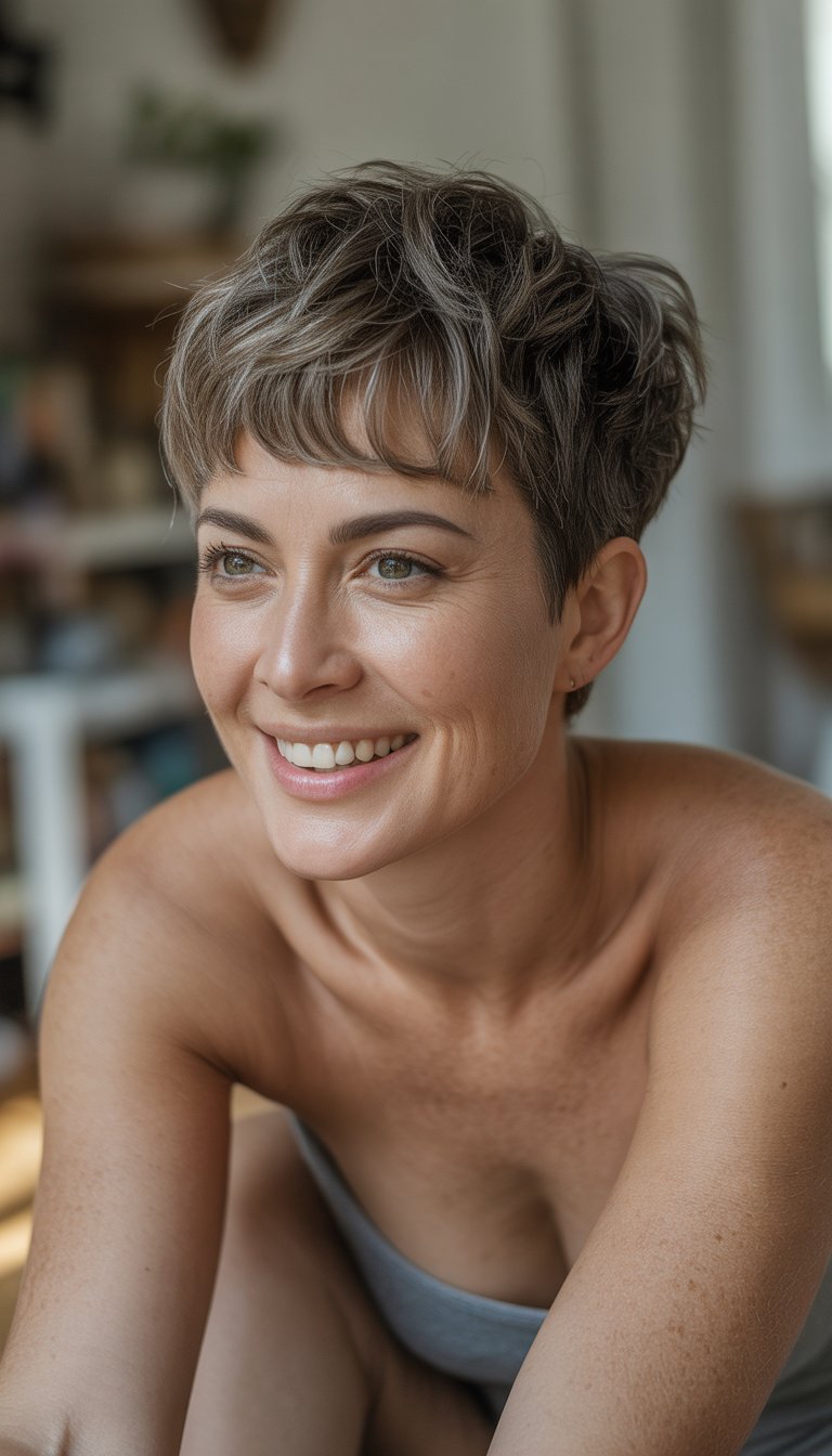 A woman with a short textured haircut and baby bangs, smiling naturally in a casual indoor setting.