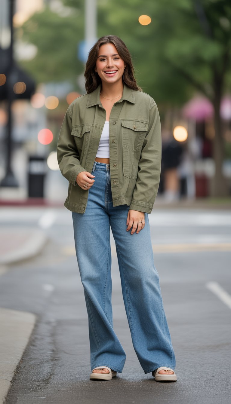 A young woman standing outdoors on a city street, wearing a stylish outfit, captured from head to toe.