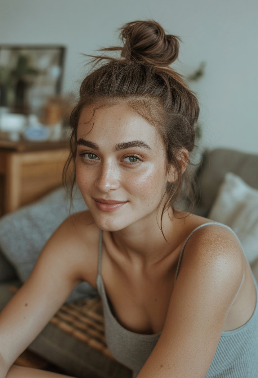 A young woman with a messy top knot hairstyle smiling naturally in a casual indoor setting.