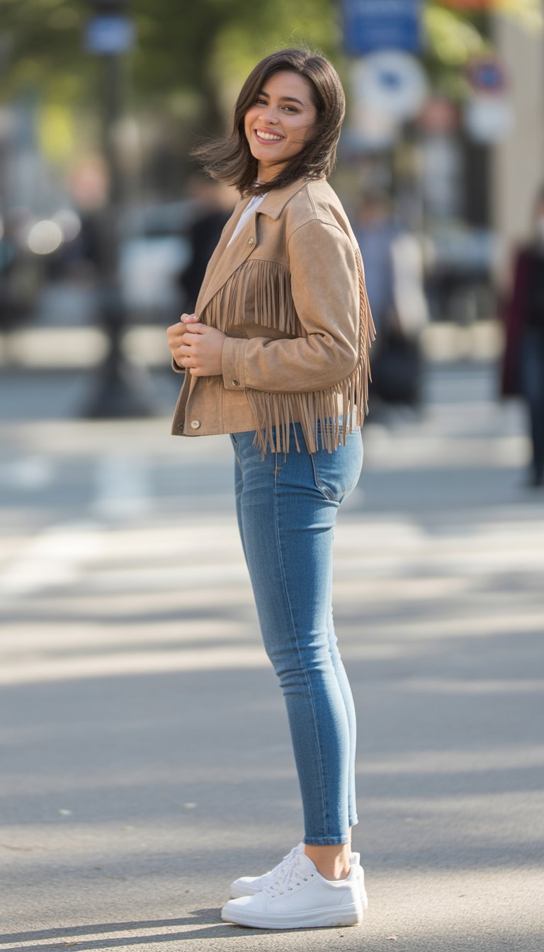 A young woman standing outdoors on a city street, wearing a jacket and jeans, looking relaxed and natural.