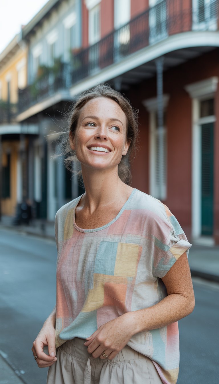 A woman standing on a quiet New Orleans street wearing casual clothing, with historic buildings in the background.