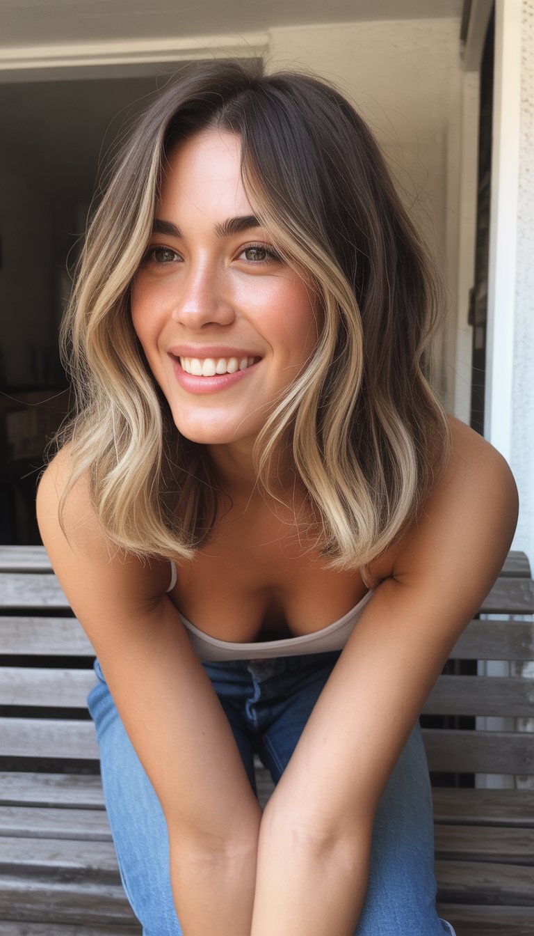 A woman with a balayage wolf cut hairstyle in casual clothing, smiling naturally in a simple everyday setting.