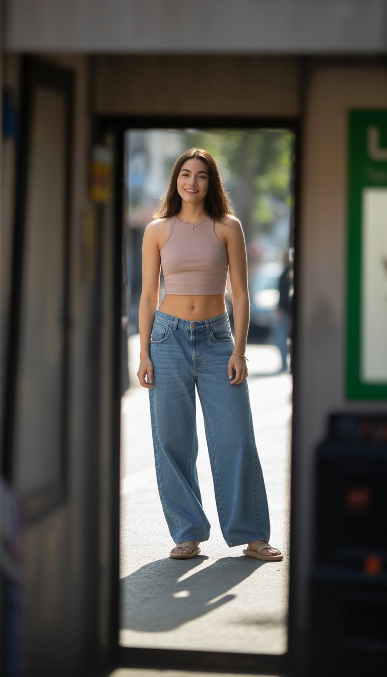 A young woman standing outdoors on a city street, shown full body from head to toe.