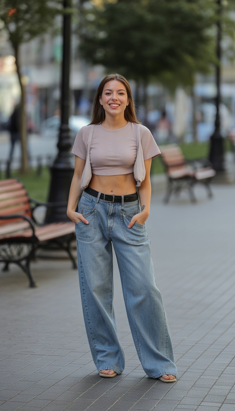 A young woman standing on a city street wearing baggy jeans and a casual top, captured in a full body shot with natural lighting.
