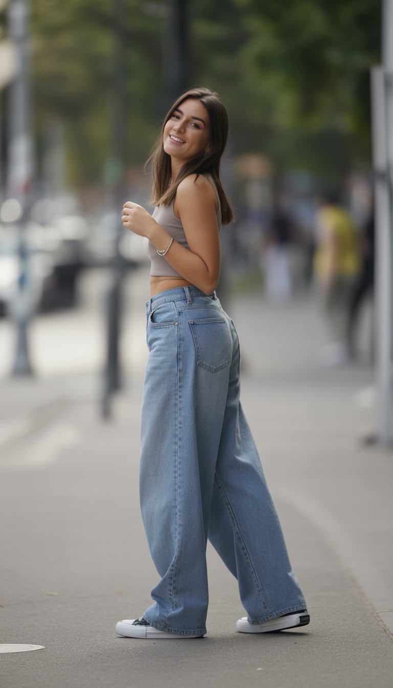 A young woman standing outdoors on a city street, wearing baggy jeans and casual clothes, looking relaxed and natural.