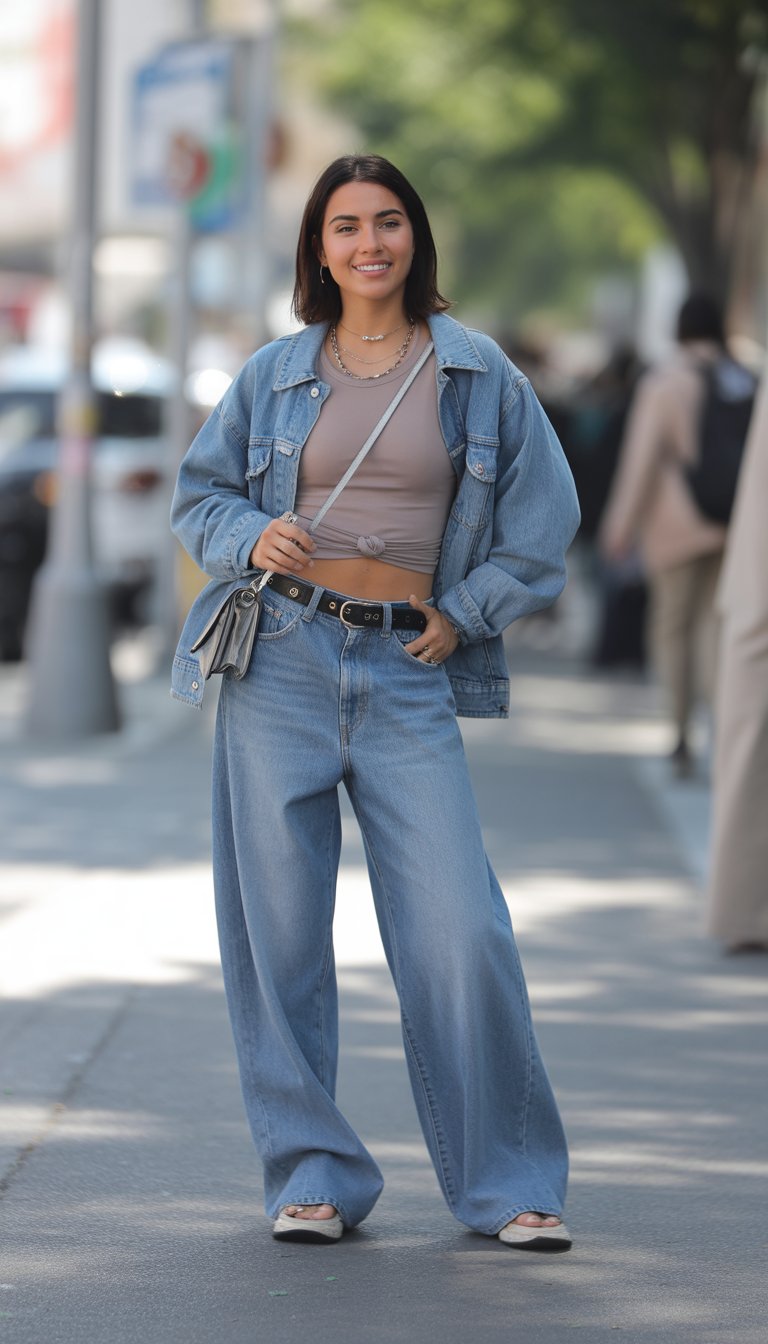 A young woman standing outdoors on a city street wearing baggy jeans and casual clothes, photographed from head to toe.