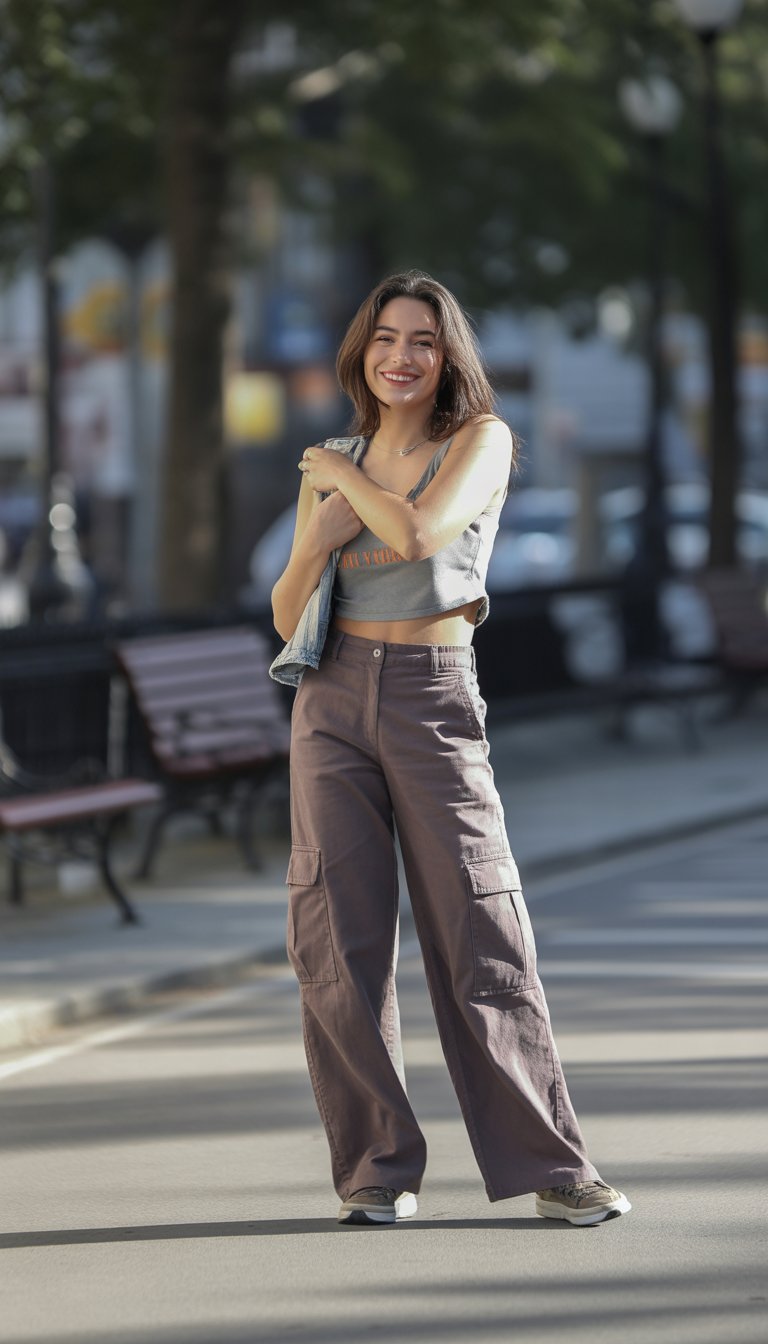 A young woman standing outdoors on a city street, wearing cargo pants and looking relaxed.