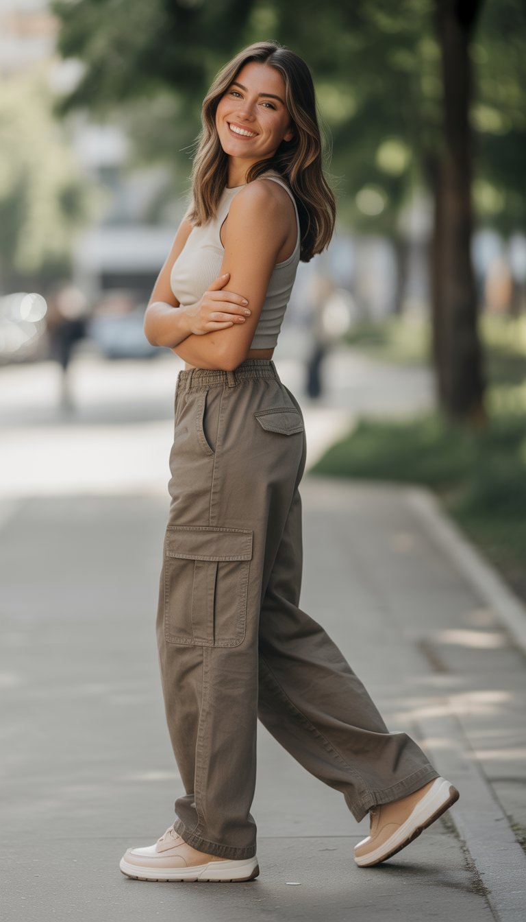 A young woman standing outdoors in a city setting, wearing cargo pants and casual shoes, smiling and looking relaxed.