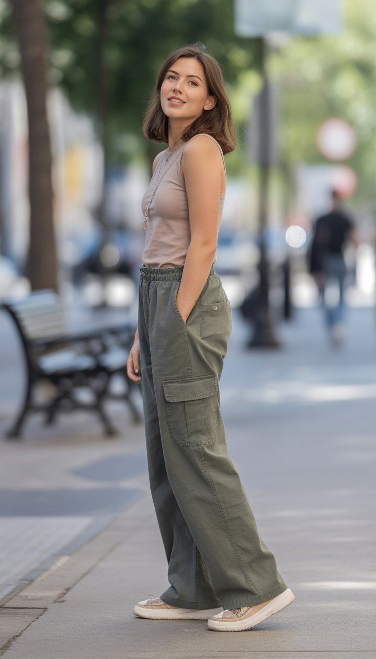 A young woman standing outdoors on a city street, wearing casual pants and a simple top, looking relaxed and smiling gently.