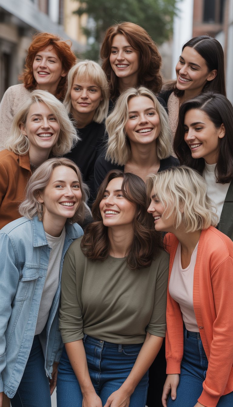 A group of women with thin hair wearing casual clothes in everyday settings, showing a variety of hairstyles with natural expressions and soft lighting.