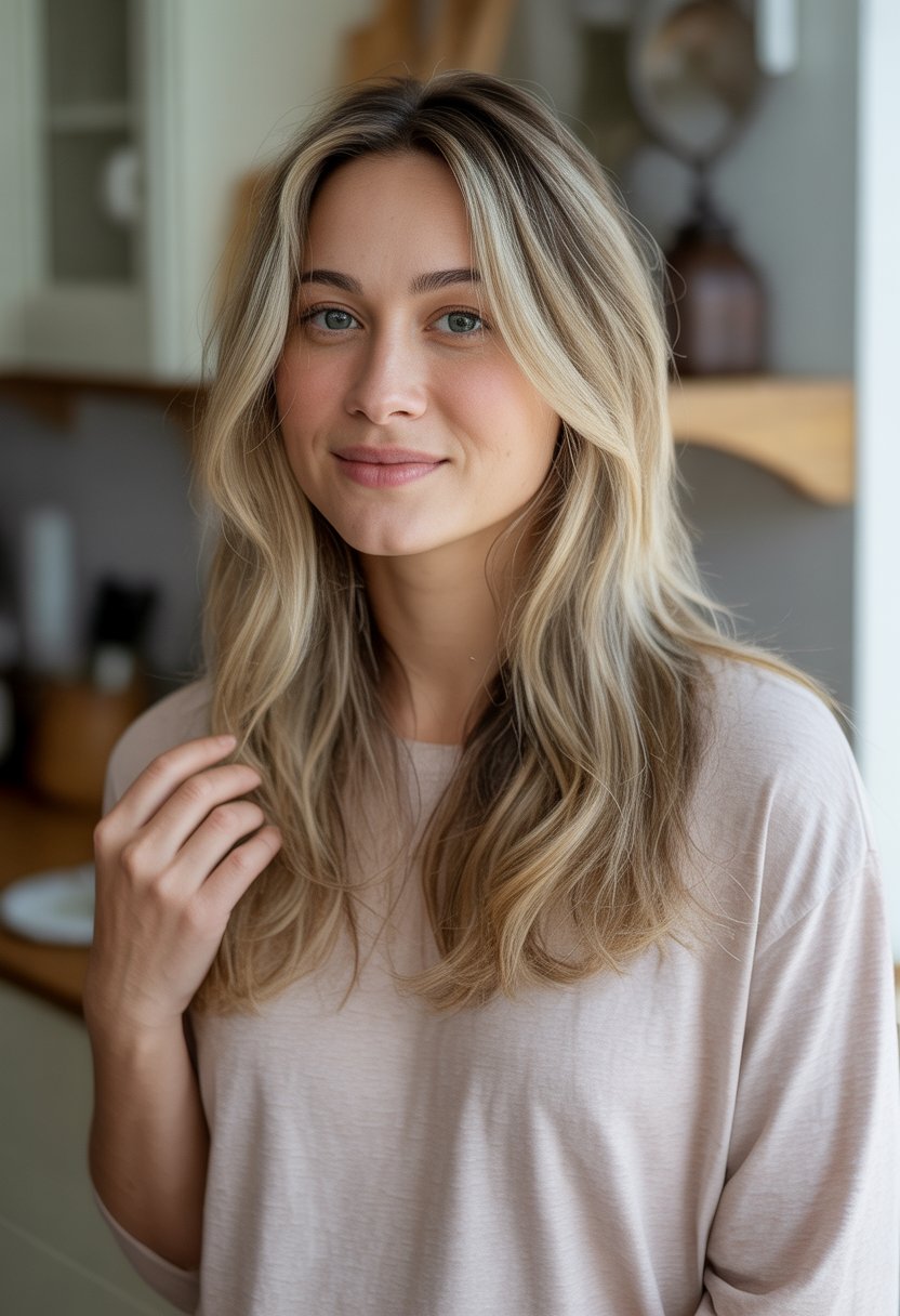 A woman with blonde hair featuring subtle darker lowlights, standing in a cozy home environment, wearing casual clothes and smiling gently.