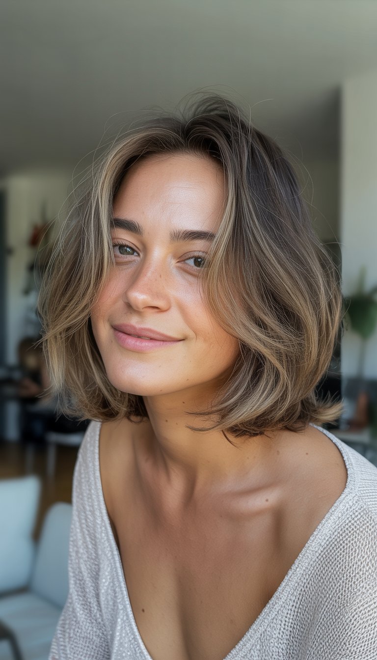A woman with a layered lob haircut stands in a casual setting, smiling naturally with soft lighting and a blurred everyday background.