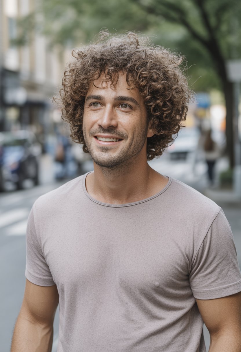A man with curly hair wearing casual clothes in a natural outdoor or indoor setting, looking relaxed and candid.