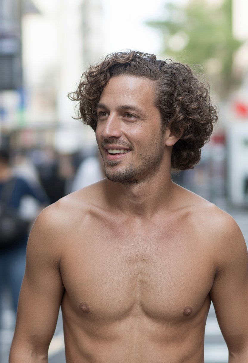 A man with side-parted curly hair standing outdoors in a casual setting, looking relaxed and natural.