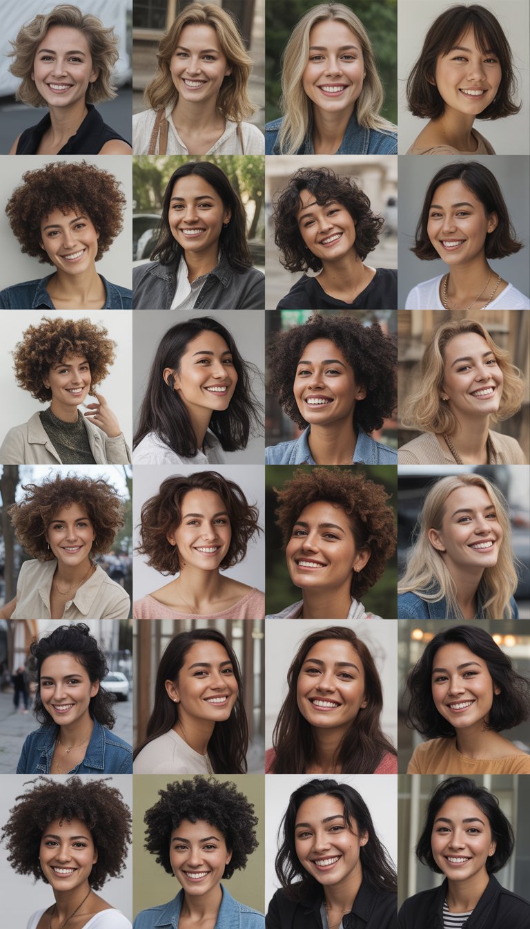 A group of women with various hairstyles standing and sitting in everyday outdoor and indoor settings, smiling and interacting naturally.